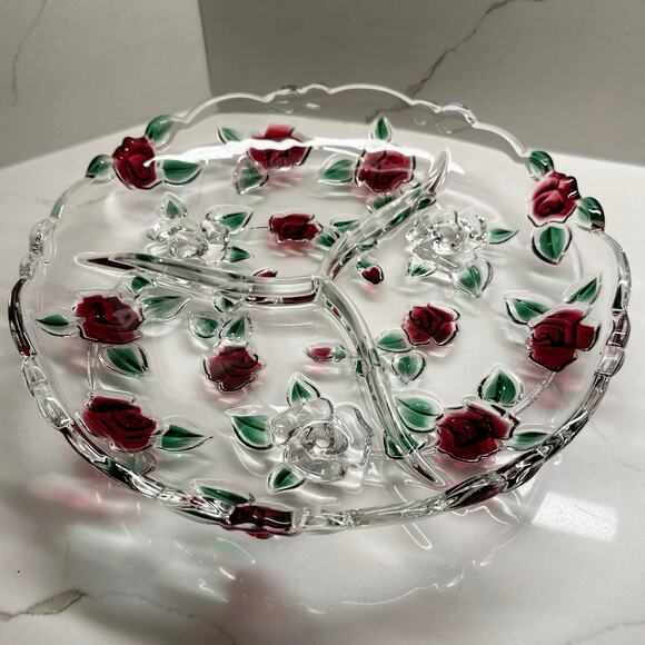 Round Mikasa Rose Garden Crystal 3-Part Divided Relish Dish 13.25” Discontinued - Picture 2 of 7